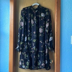 LOFT L long sleeved dress, worn once, black with flowers